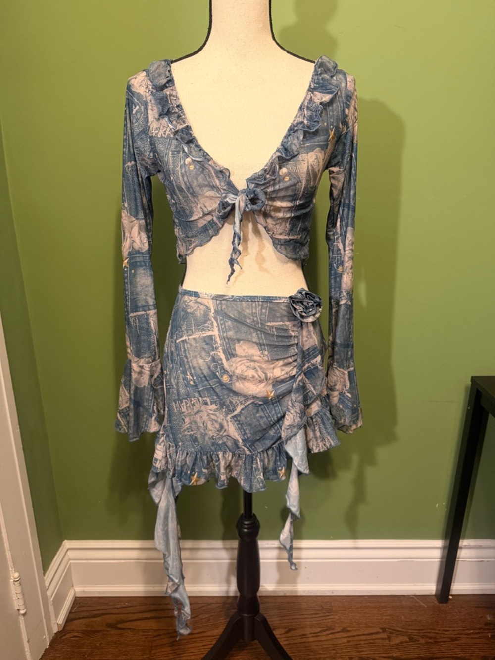 Y2K Fairy Boho Sheer  Blue Printed Ruffle Tie-Front Mini Skirt Set